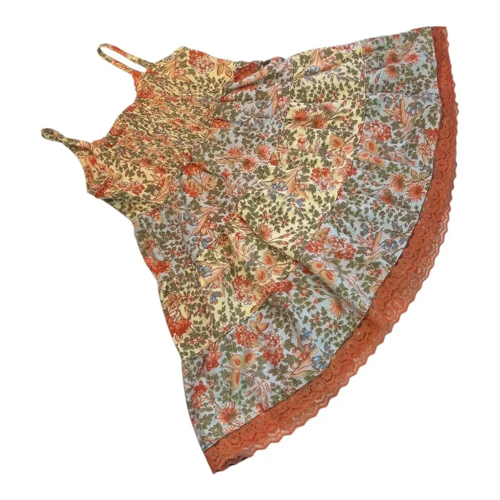 April Cornell Girls Sz 2 Orange Patchwork Strappy Sundress Lace Trim 100% Cotton